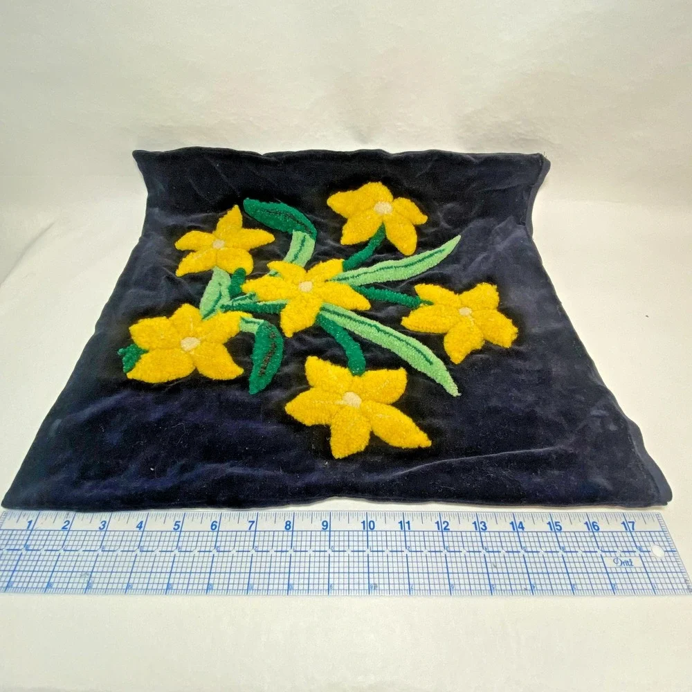 VTG Needlepunch Velvet Pillowcase Unfinished Yellow Flowers Floral Black Kitschy